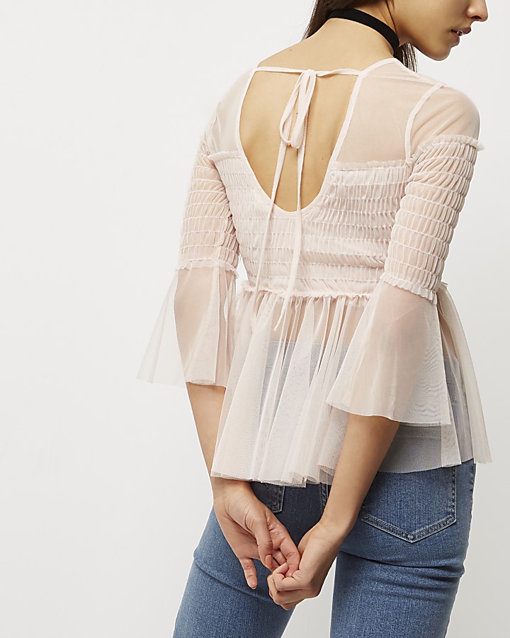 Light pink mesh pleated smock top