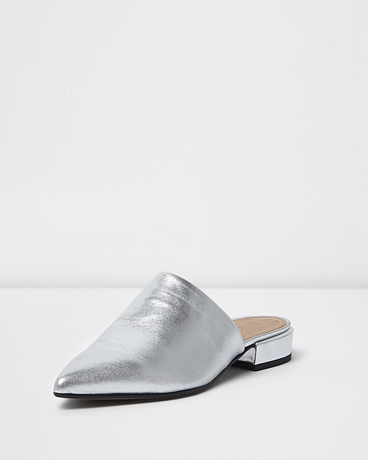 Silver metallic leather slip on mules