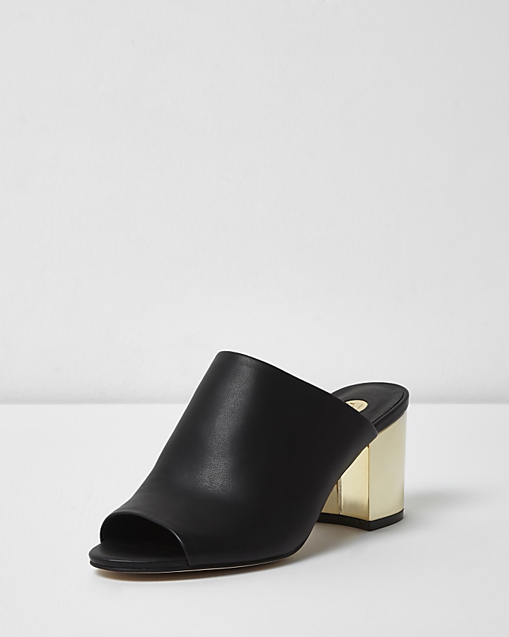 Black gold heel mules