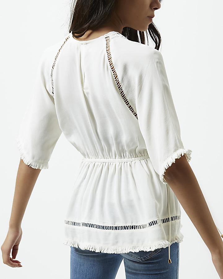 Cream embroidered smock top