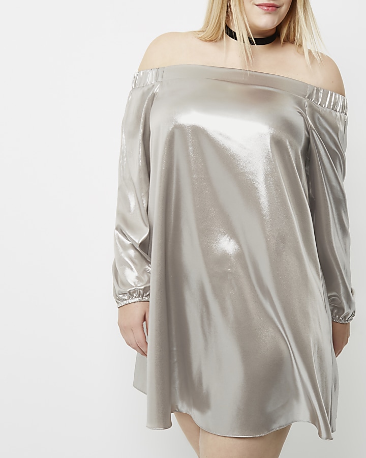 Plus silver metallic bardot swing dress