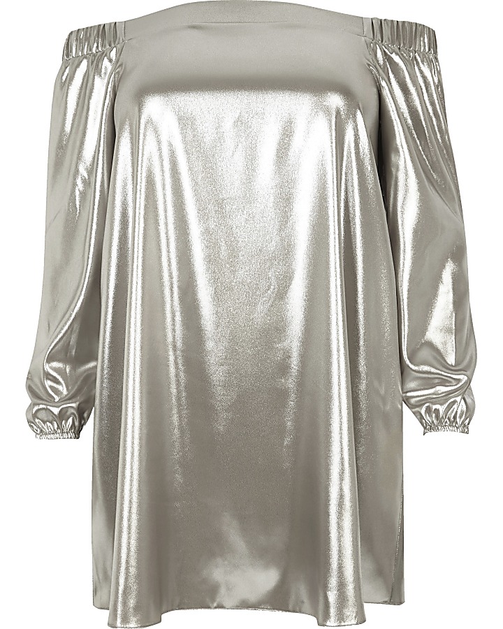 Plus silver metallic bardot swing dress