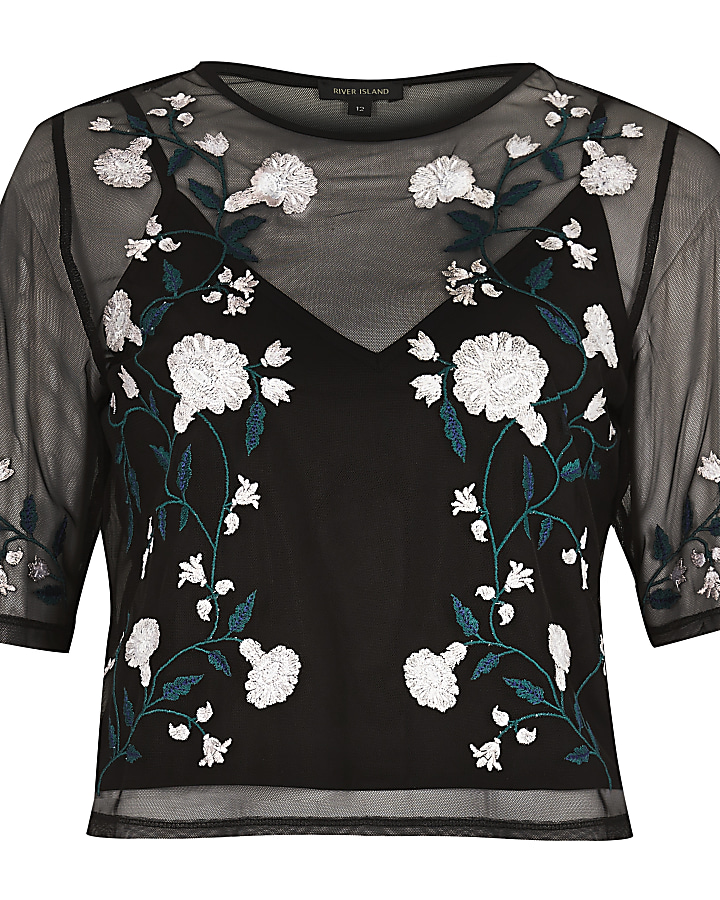 Black floral embroidered crop top