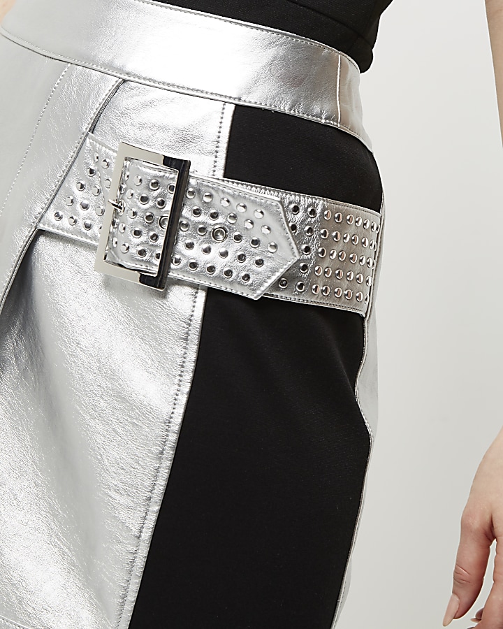 Silver faux leather studded wrap mini skirt