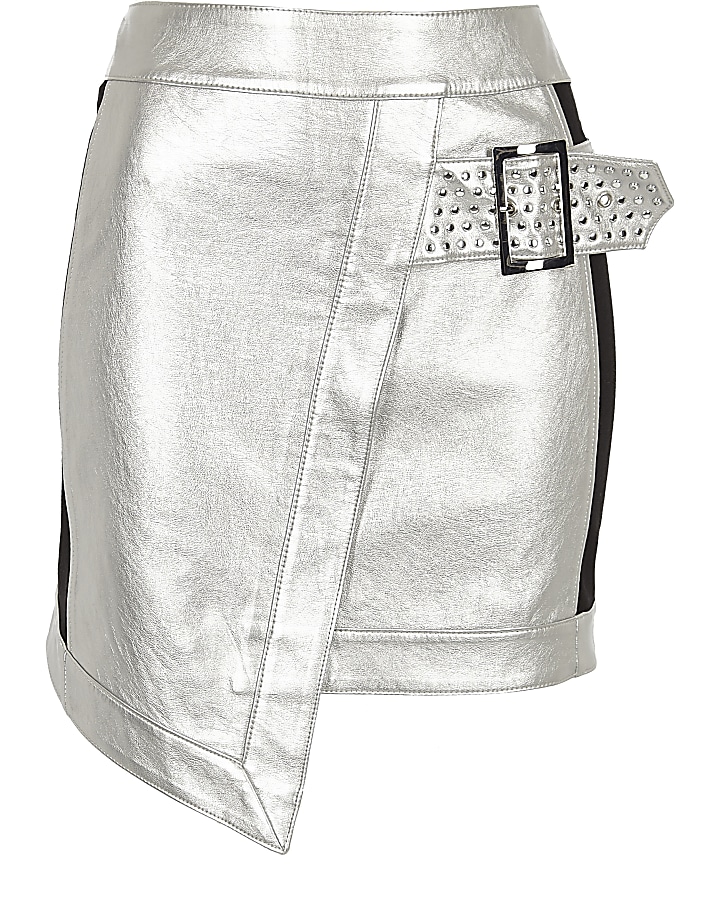 Silver faux leather studded wrap mini skirt
