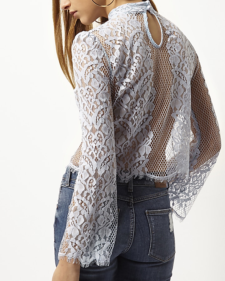 Powder blue lace flute sleeve top