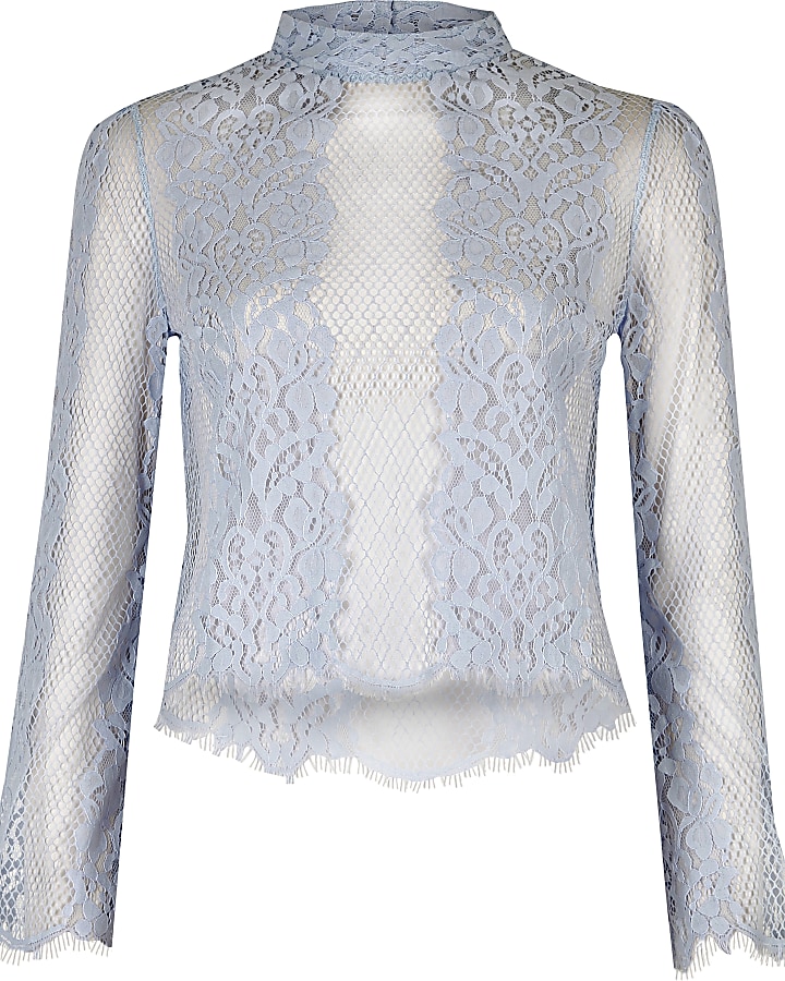 Powder blue lace flute sleeve top