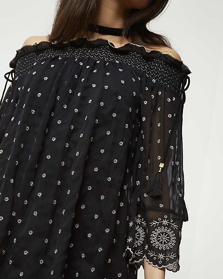 Black embroidered smock swing dress
