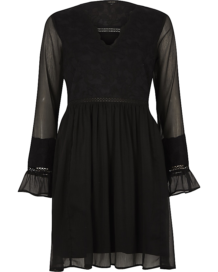 Black lace long sleeve smock dress