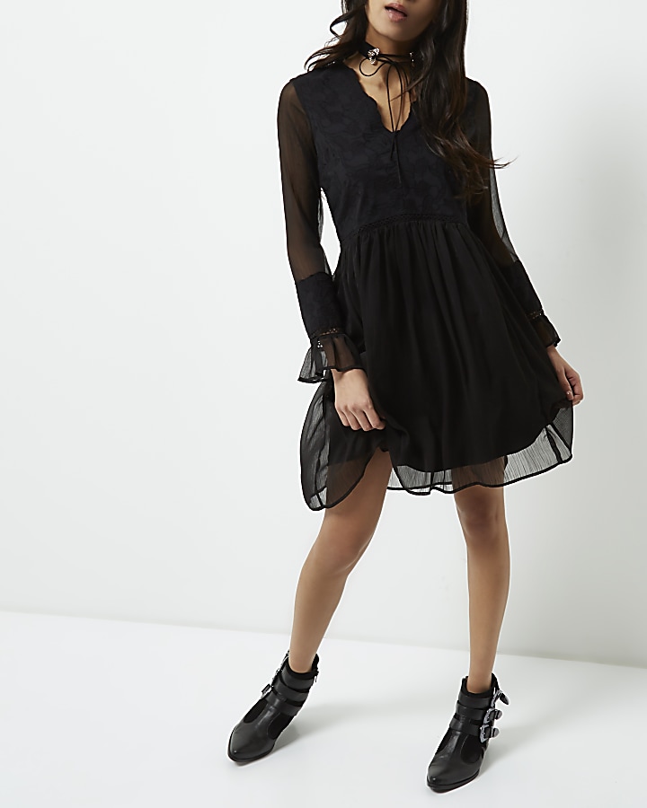 Black lace long sleeve smock dress