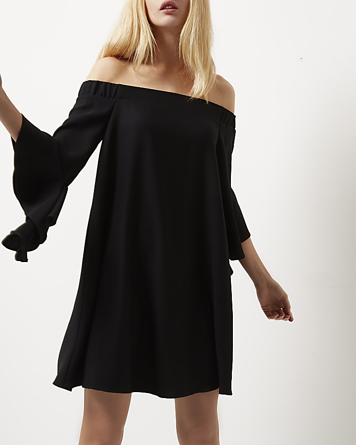 Black frill sleeve bardot swing dress