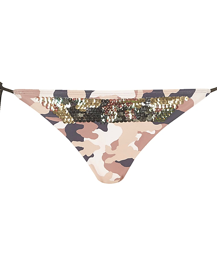 Pink camo print sequin string bikini bottoms