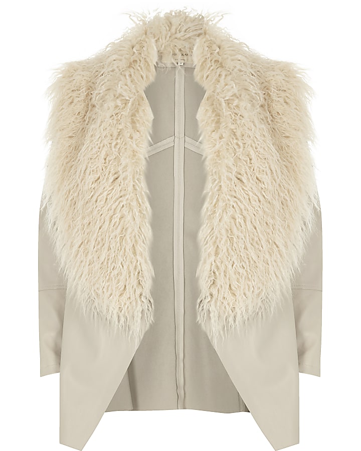 Cream faux fur trim fallaway jacket