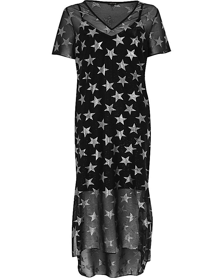 Black metallic star print T-shirt dress