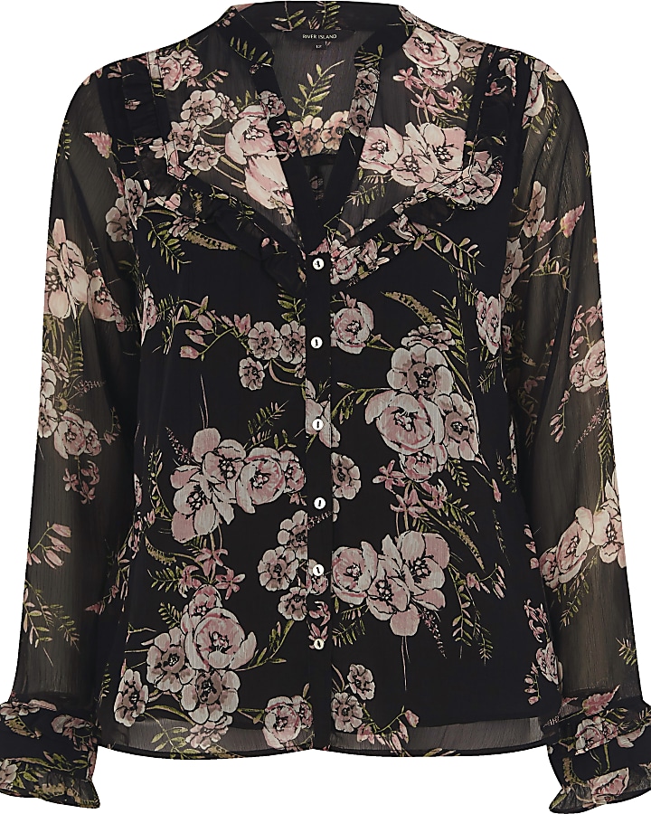 Black floral frill bib blouse