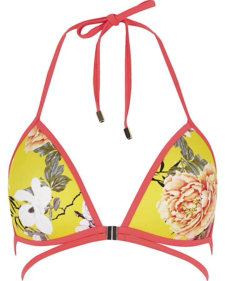 Yellow floral print strappy string bikini top