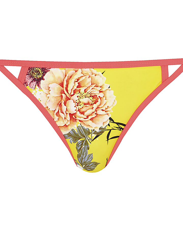 Yellow floral print cut out bikini bottoms