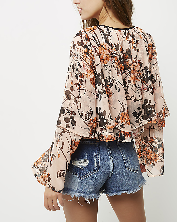Pink floral layered frill crop top