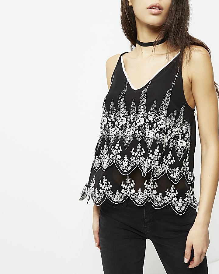 Black embroidered floral cami top