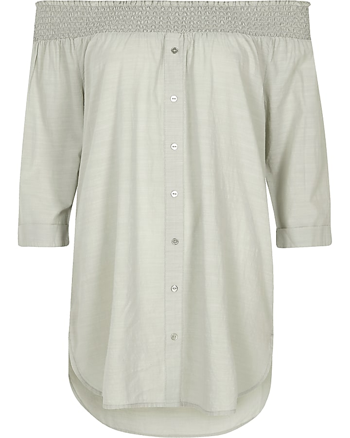 Light grey shirred bardot shirt