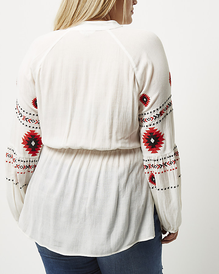 Plus white embroidered tassel smock top