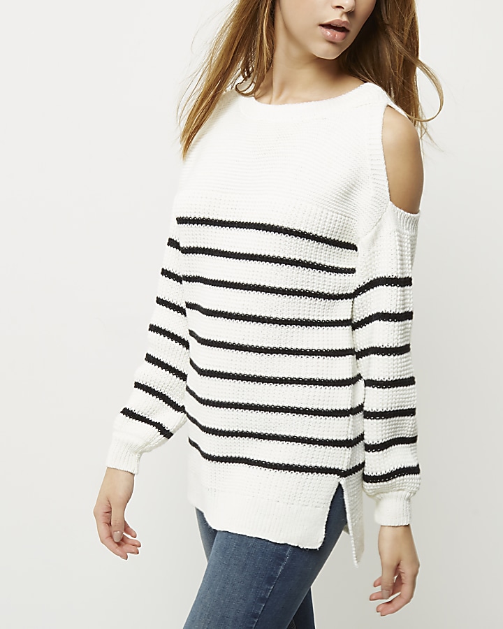 White stripe cold shoulder knit jumper