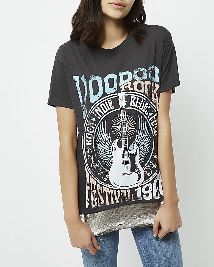 Dark grey voodoo print sequin T-Shirt
