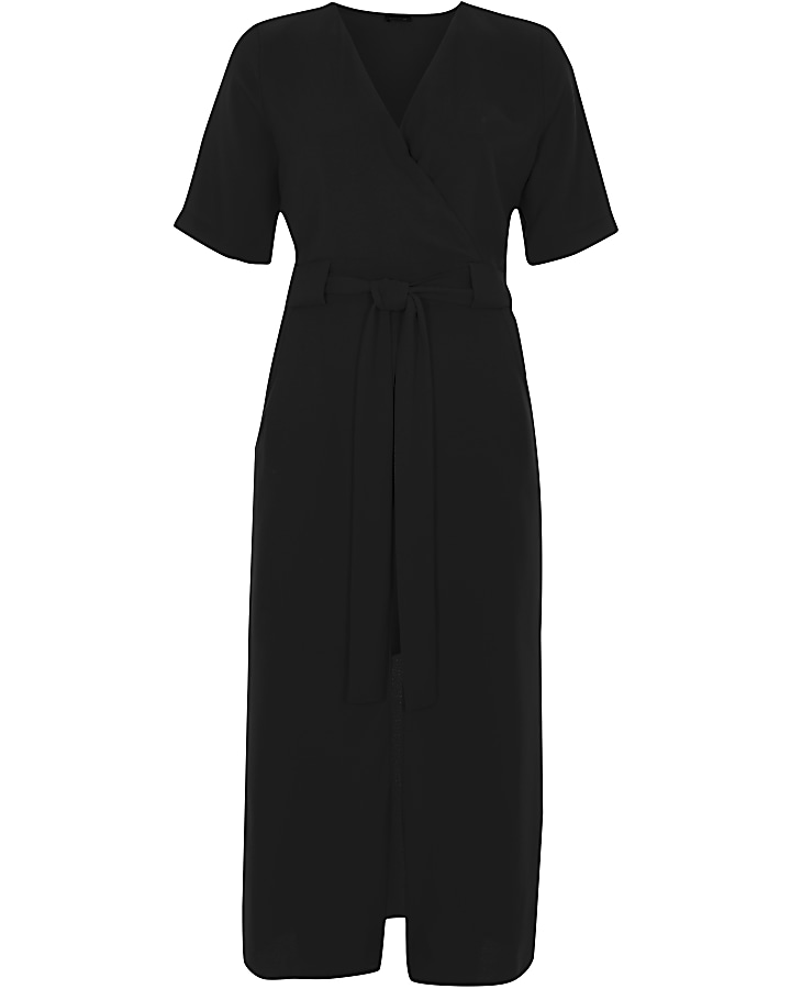Black wrap short sleeve midi dress