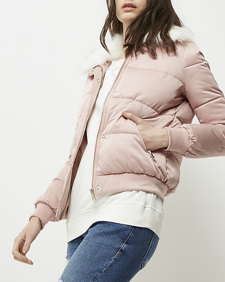 Pink faux fur trim puffer jacket