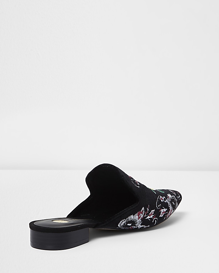 Black floral embroidered backless loafers