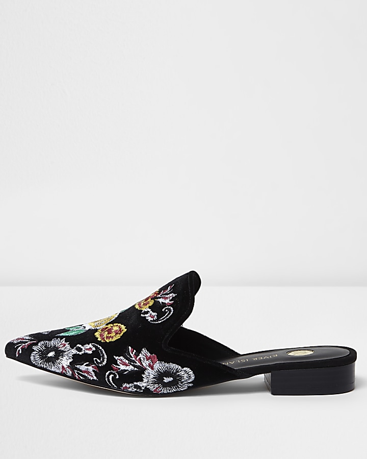 Black floral embroidered backless loafers