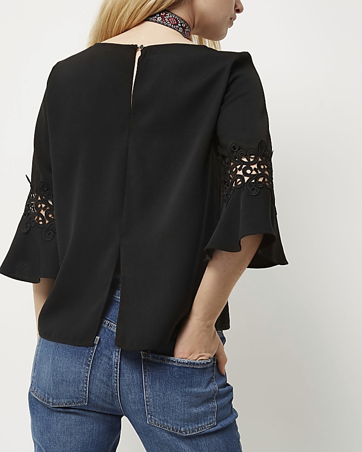 Black lace insert bell sleeve top