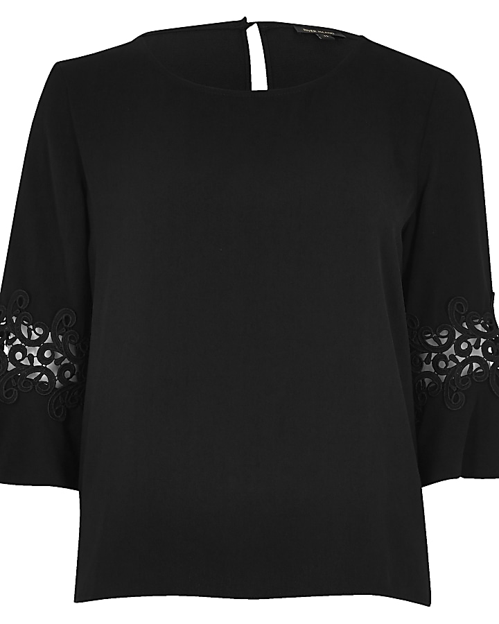 Black lace insert bell sleeve top