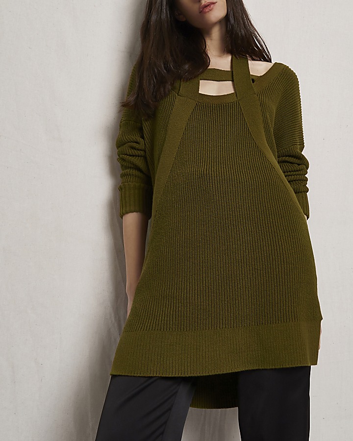 Khaki green RI Studio knit cut out jumper