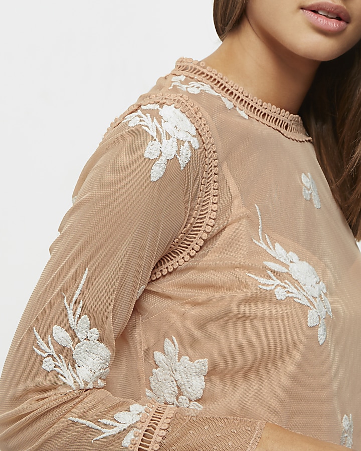 Beige floral embroidered lace trim top
