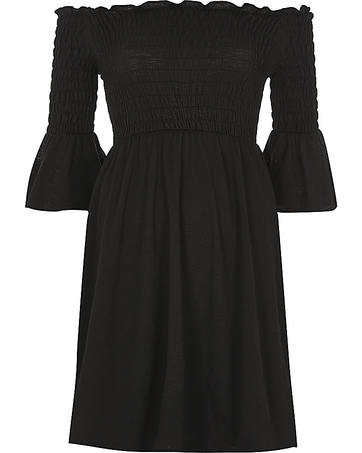 Black ruched flute sleeve bardot dress