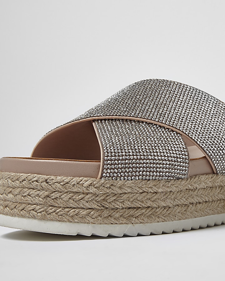 Beige embellished espadrille flatform sandals