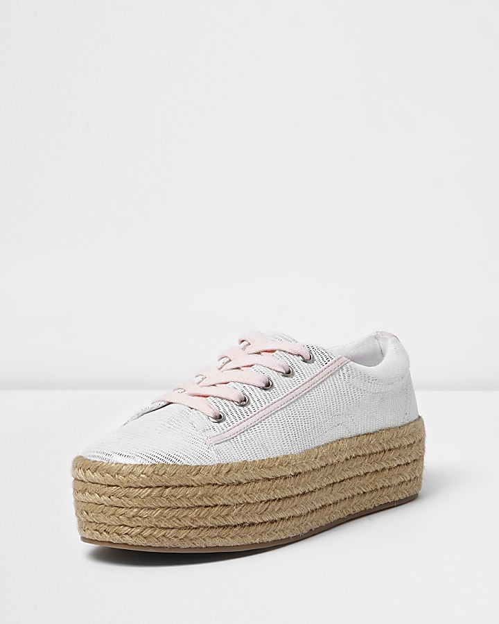 Silver lace-up espadrille flatform trainers
