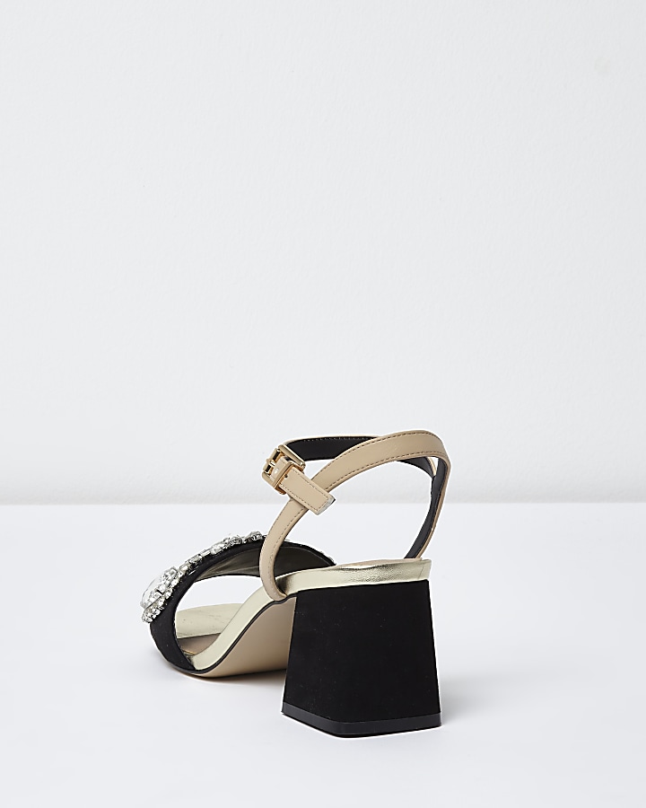Black and nude diamante block heel sandals