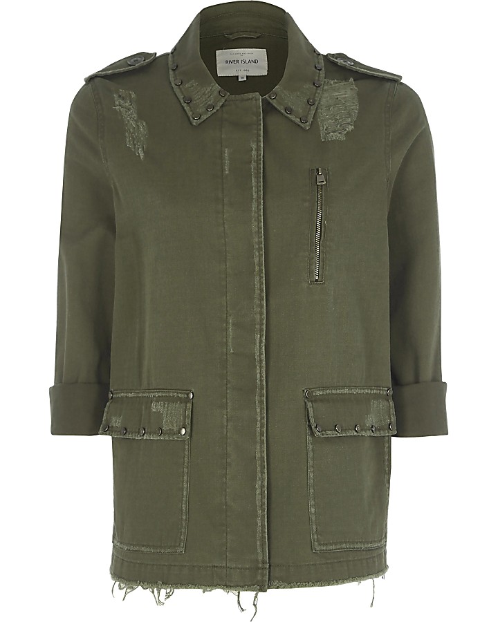 Petite khaki studded distressed army jacket