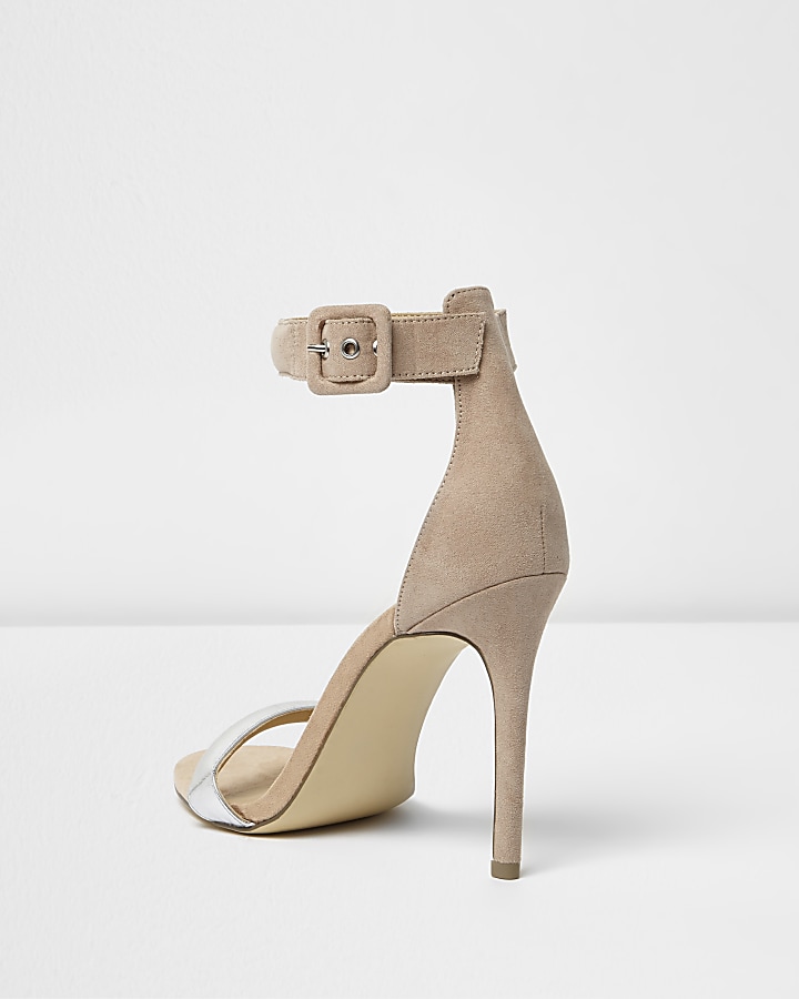 Nude silver strap barely there heeled sandals