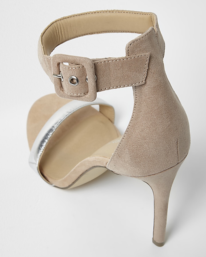 Nude silver strap barely there heeled sandals
