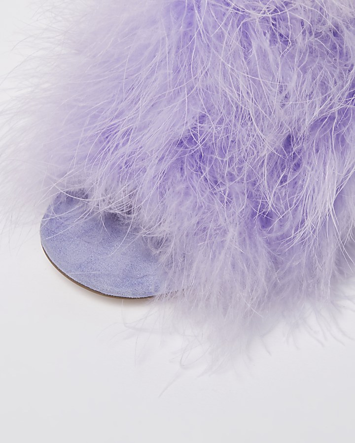 Purple fluffy feather block heel mules