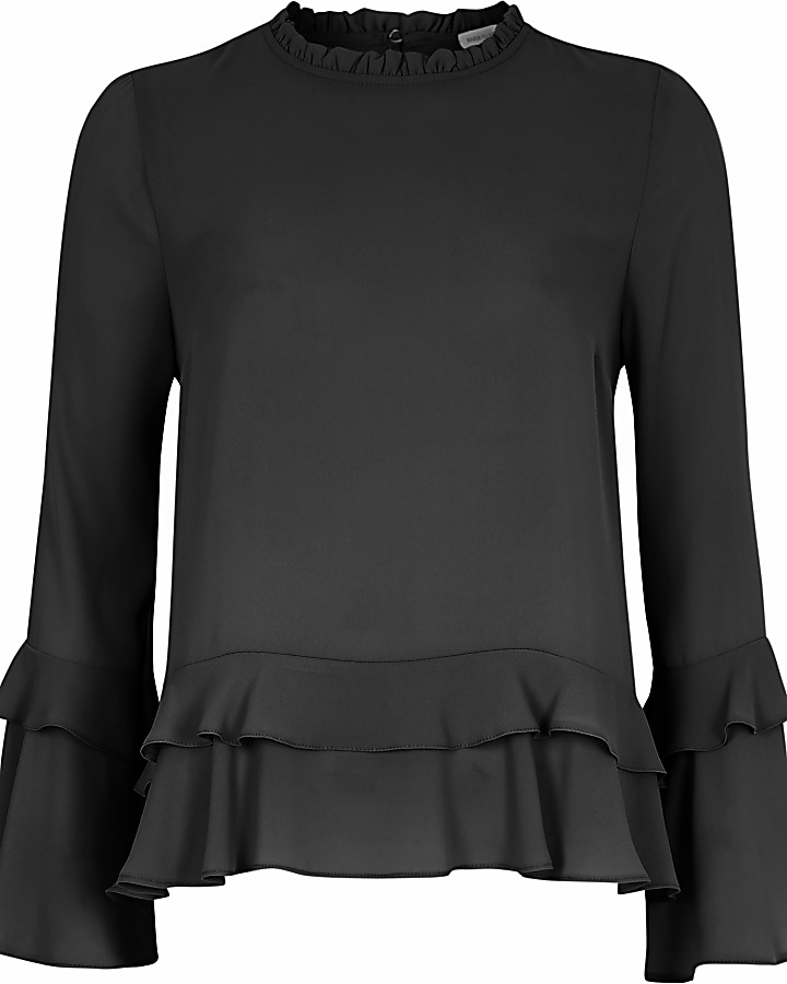 Black double frill long sleeve top