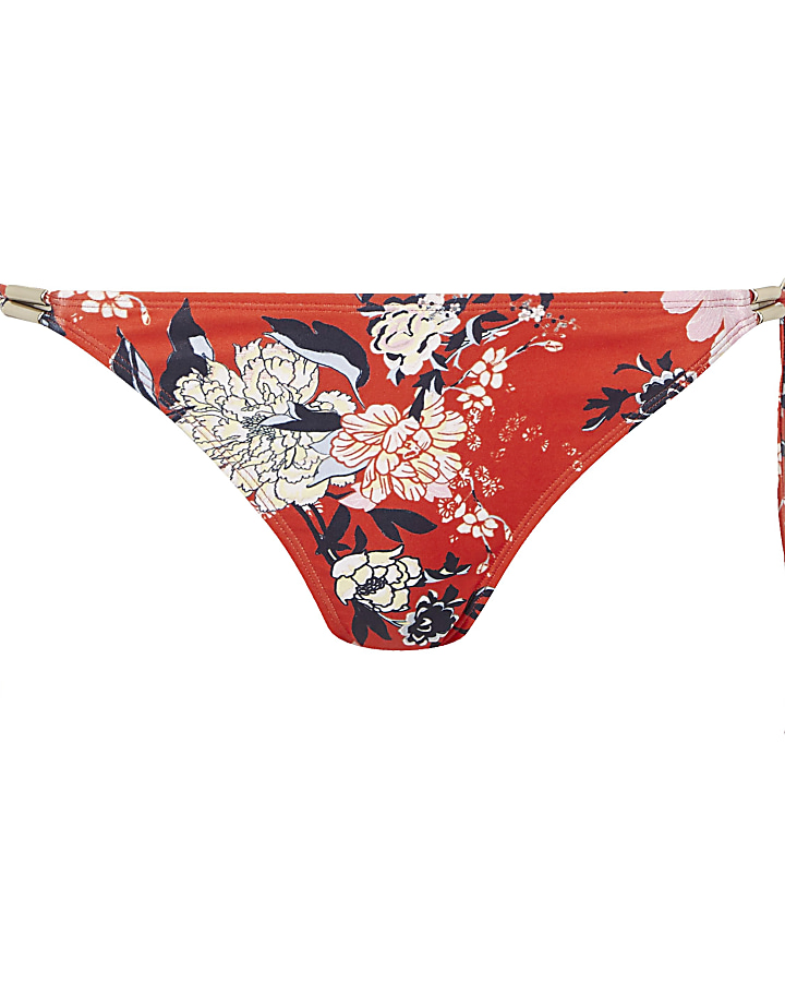 Red floral print tie side bikini bottoms