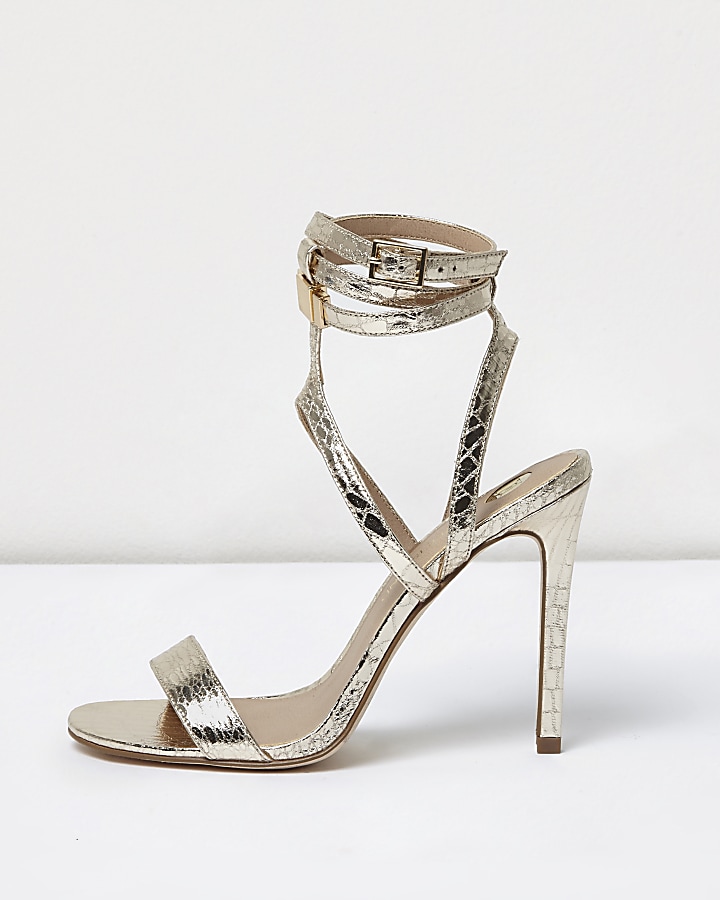Gold wide fit metallic caged strappy sandals