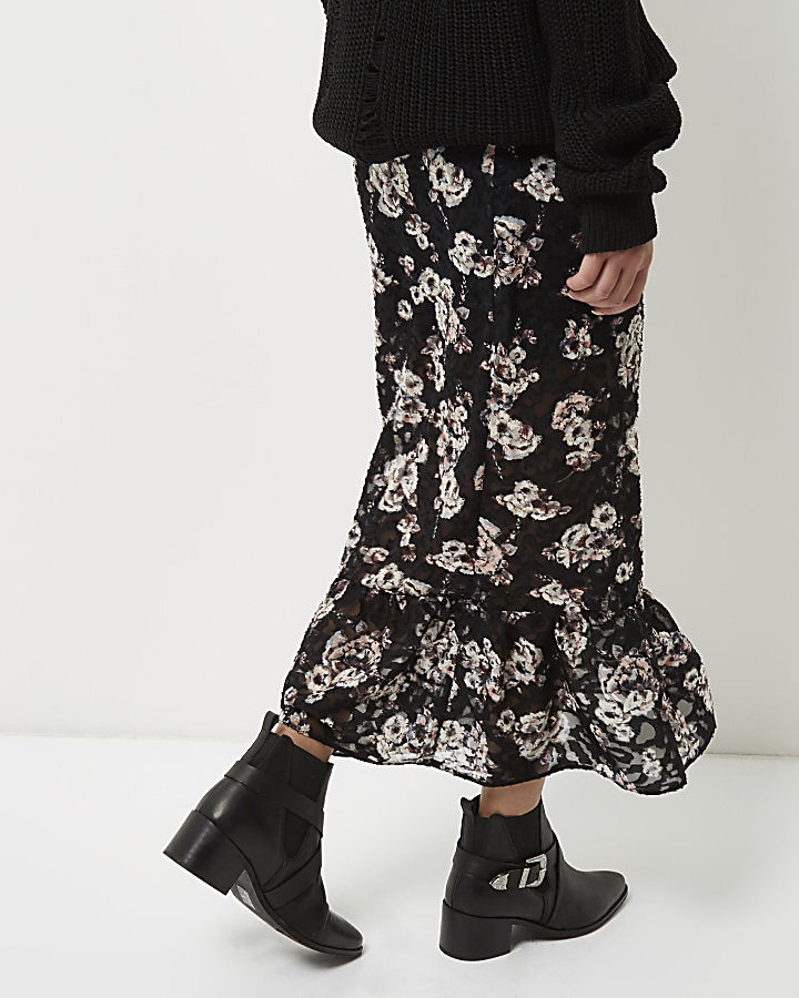 Black floral print frill hem midi skirt