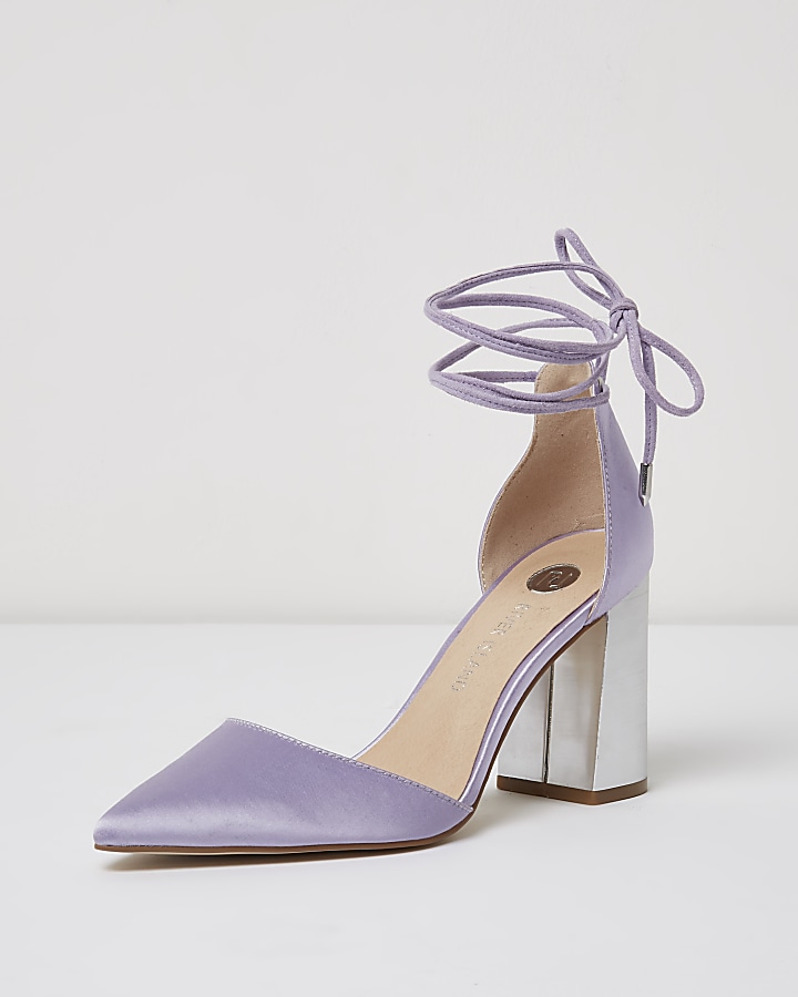 Purple satin ankle tie block heel sandals