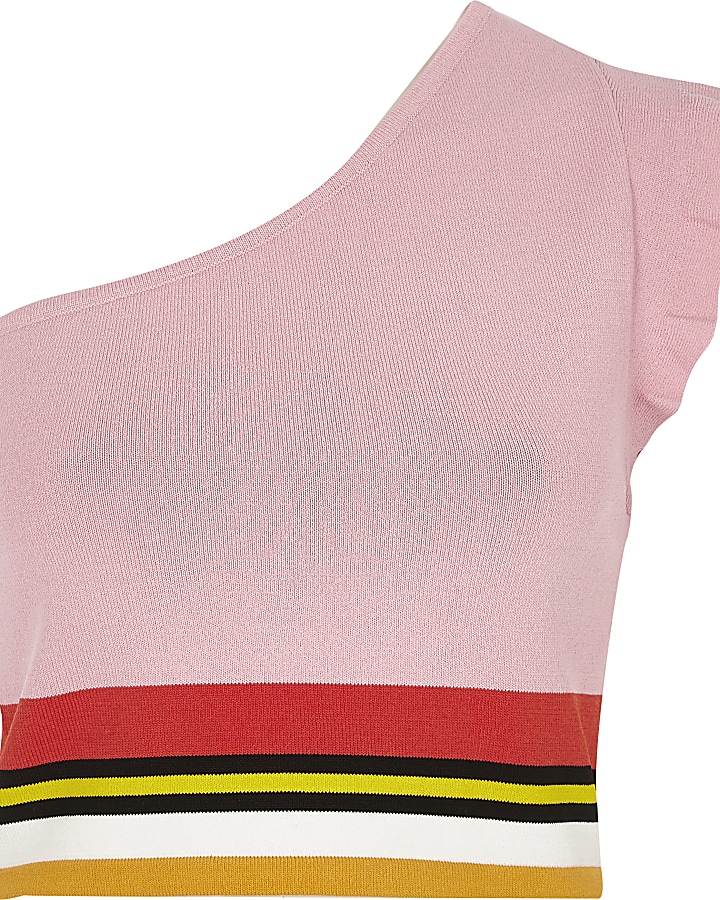 Pink knit stripe one shoulder crop top