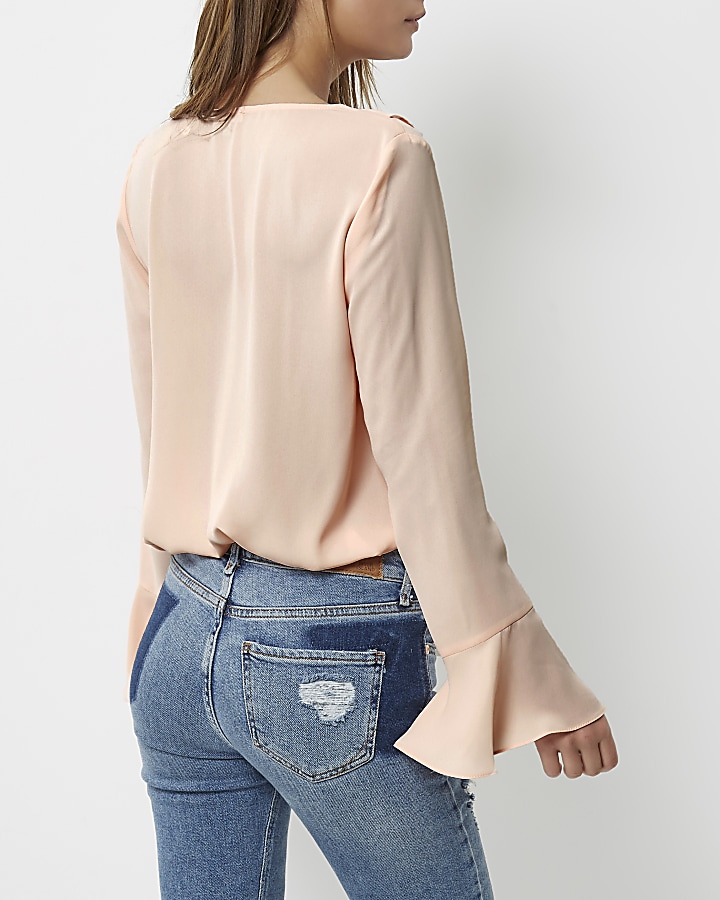 Light pink frill V neck blouse